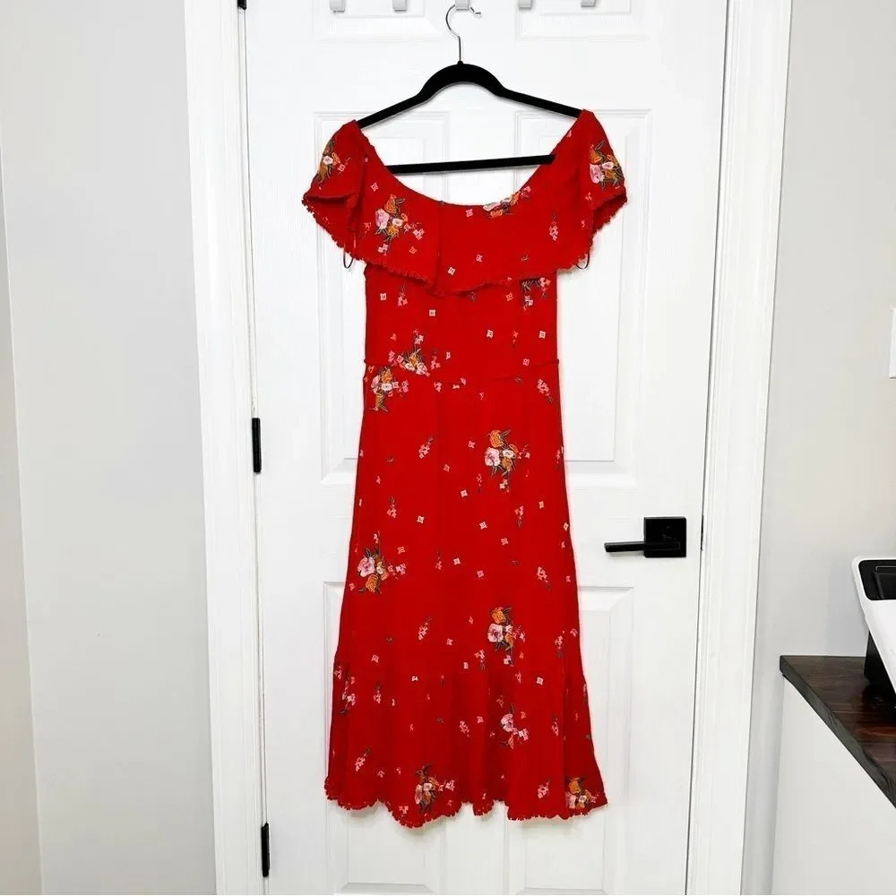 LOST + WANDER Off Shoulder‎ Red Floral Midi Flowy Dress Size XL - Picture 6 of 6